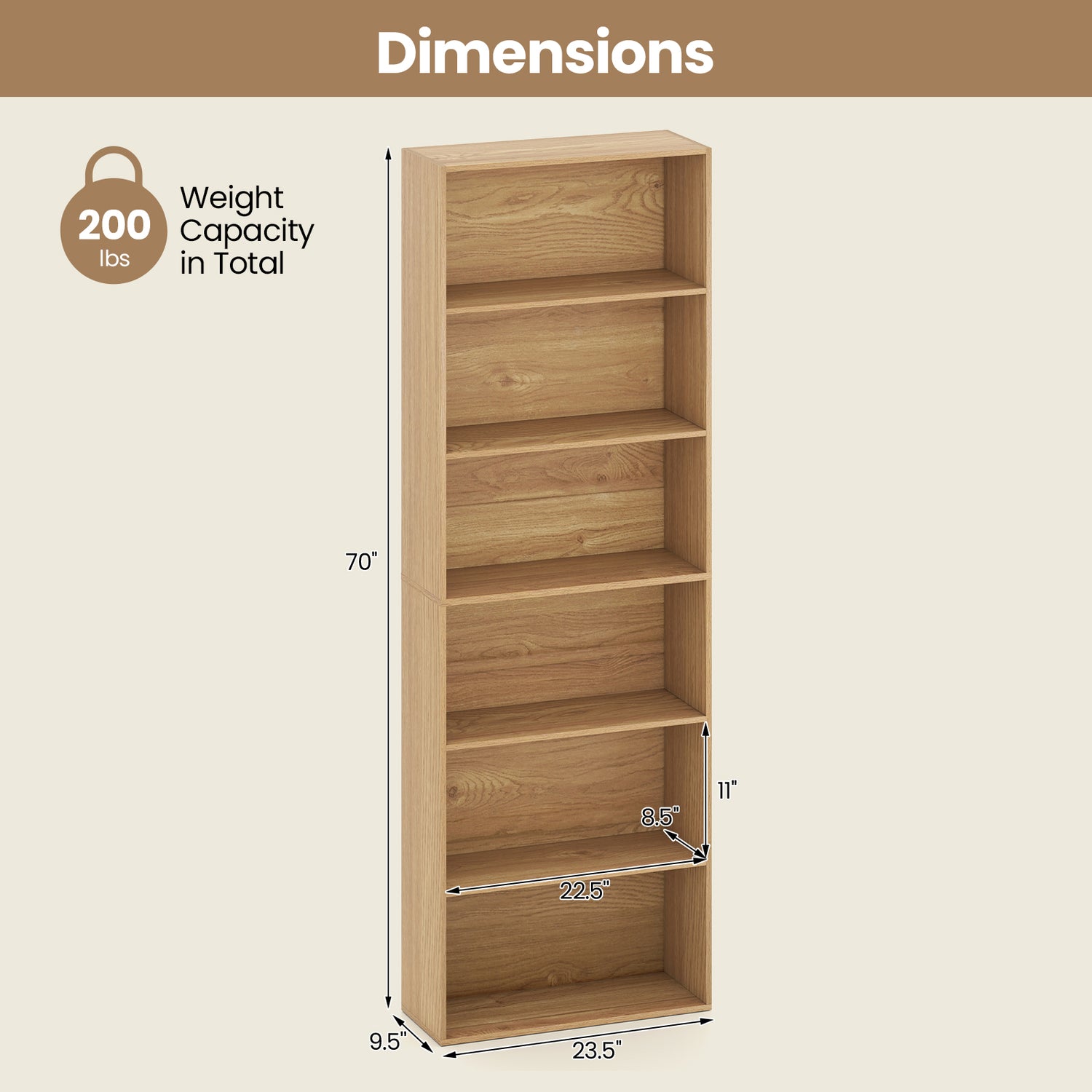 6-Tier Bookcase with 6 Open Shelves and Anti-Toppling Kits