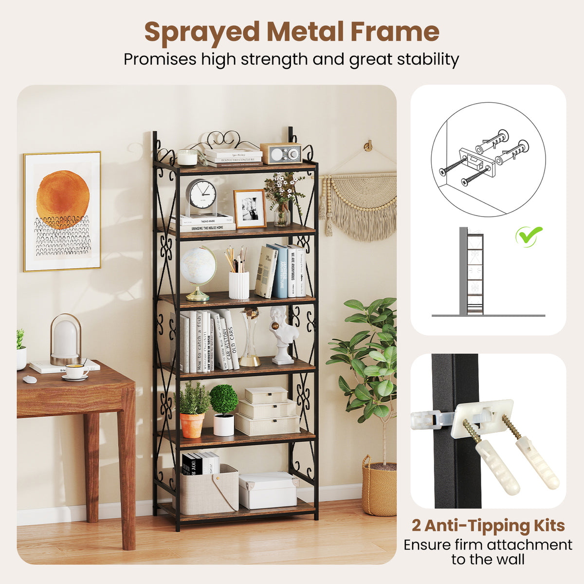 6-Tier Bookshelf Industrial Bookcase with 2 Anti-Tipping Kits and Metal Frame-Rustic Brown