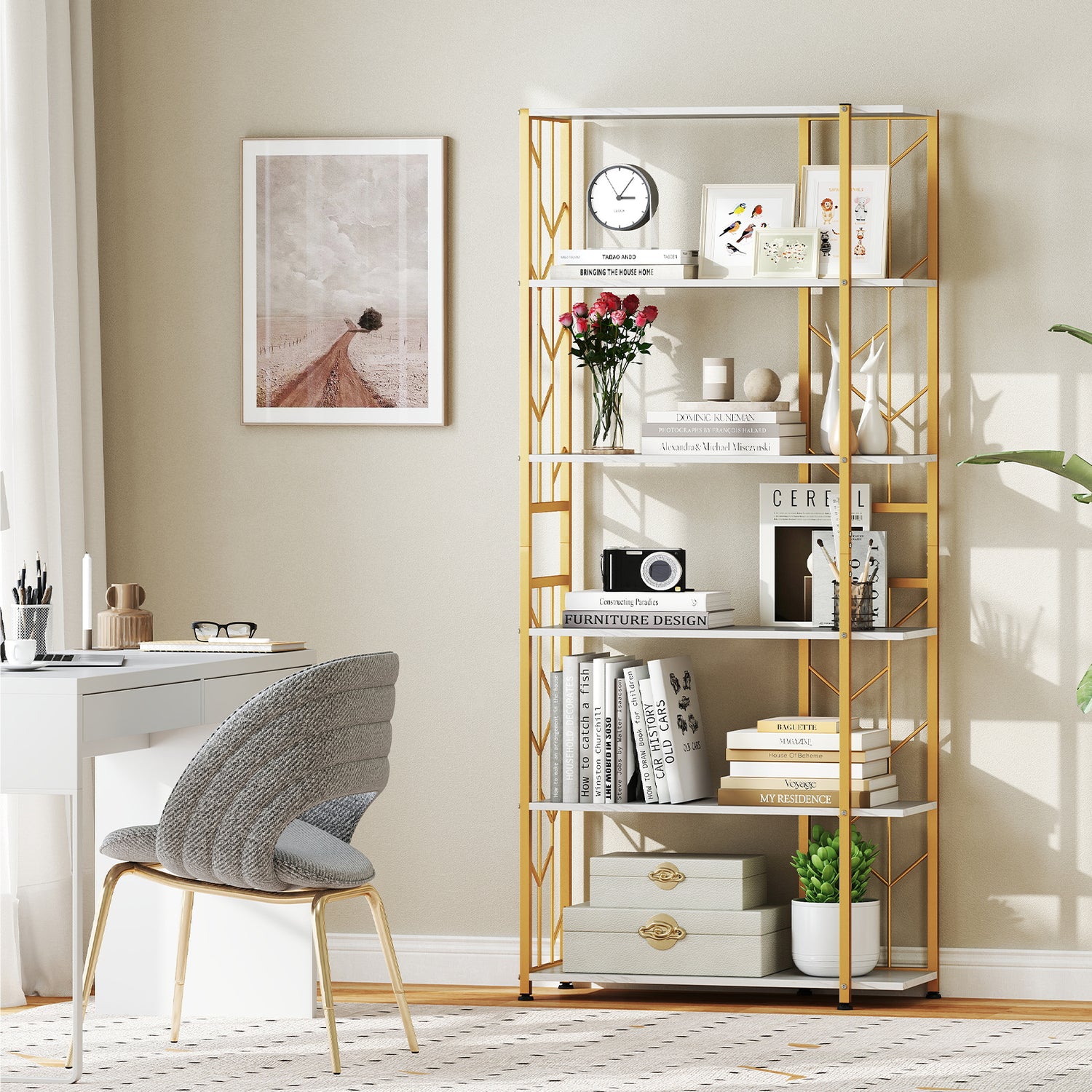 6-Tier Bookshelf Modern Geometric Bookcase with Heavy-duty Metal Frame and Anti-tipping Kits