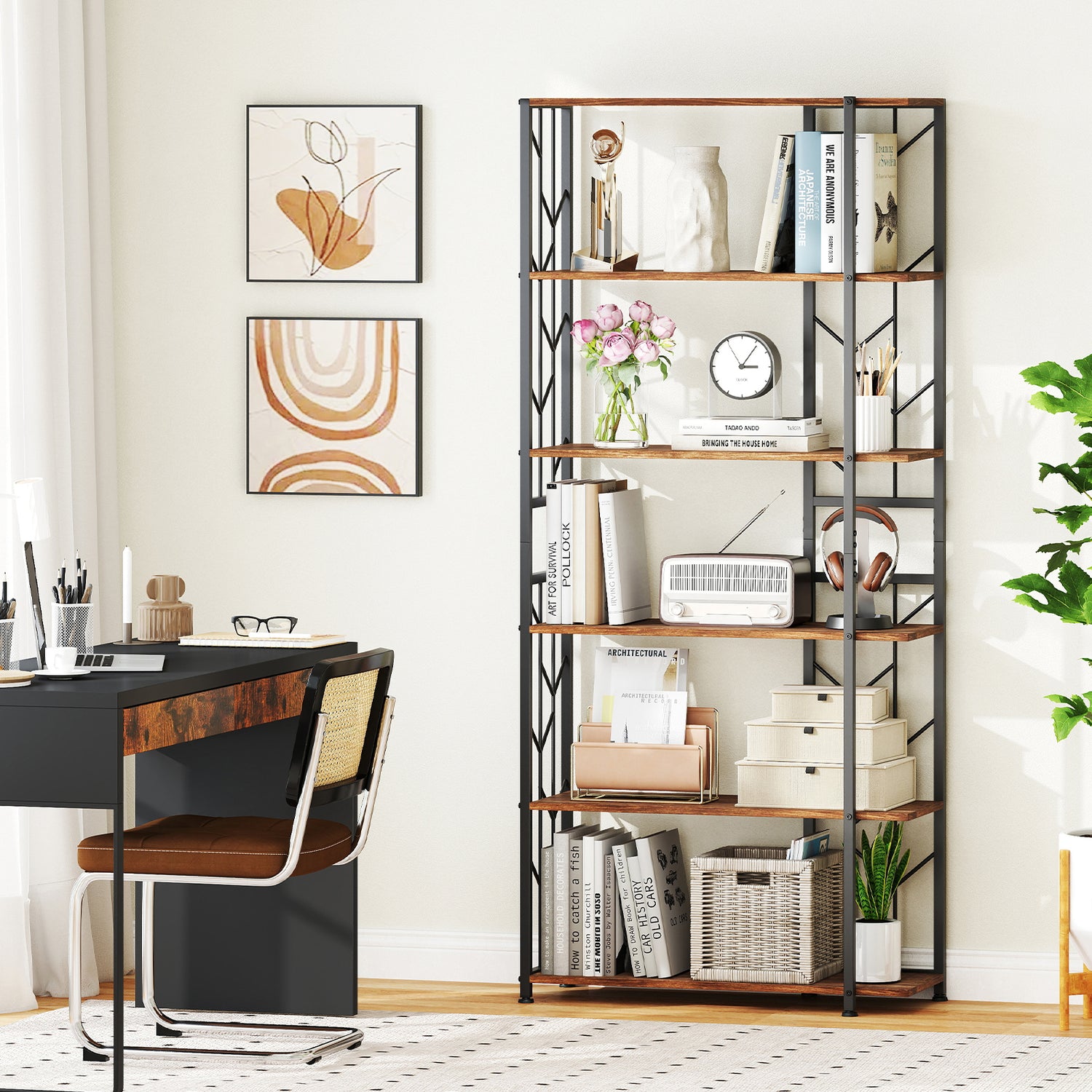 6-Tier Bookshelf Modern Geometric Bookcase with Heavy-duty Metal Frame and Anti-tipping Kits