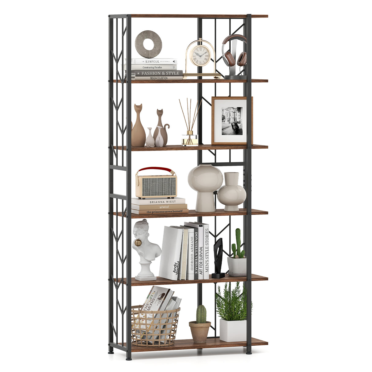 6-Tier Bookshelf Modern Geometric Bookcase with Heavy-duty Metal Frame and Anti-tipping Kits
