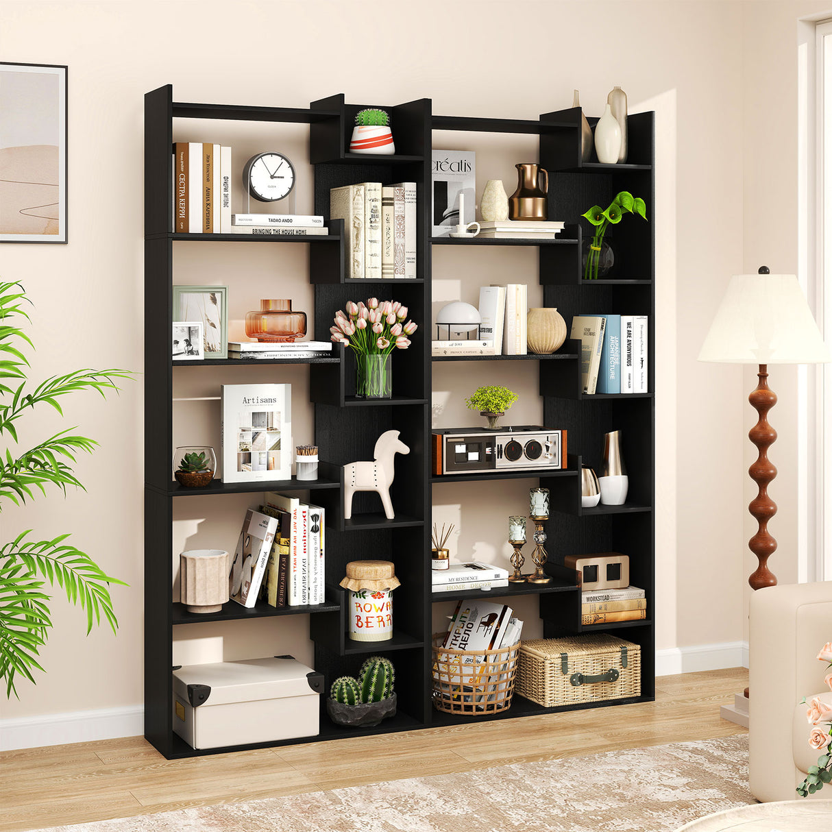 6-Tier Bookshelf Wooden Bookcase with 2 Anti-Tipping Kits Open Display Shelf