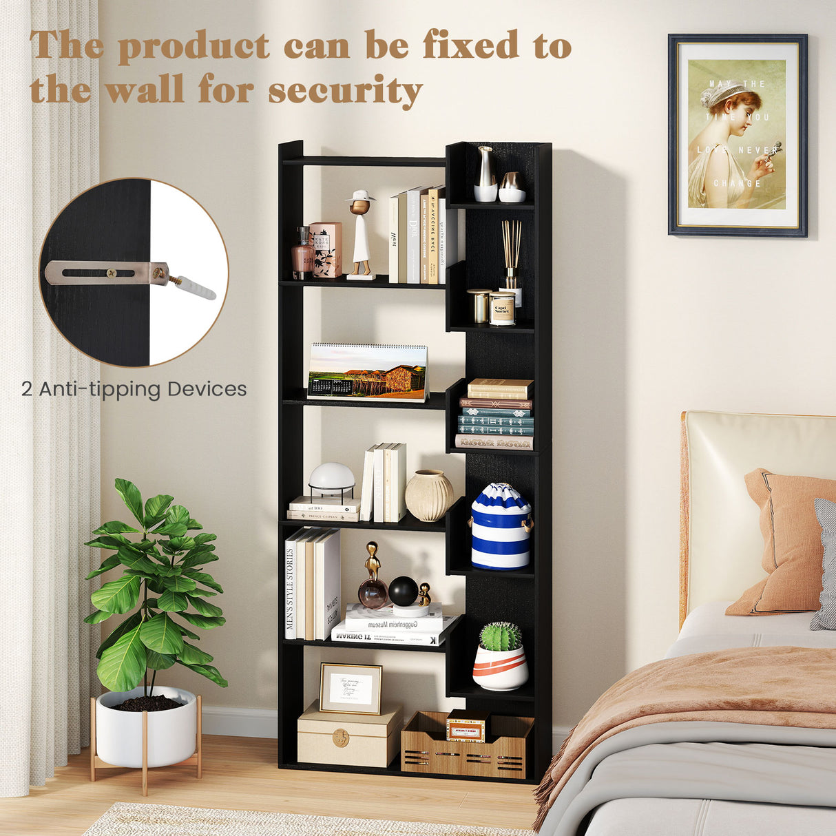 6-Tier Bookshelf Wooden Bookcase with 2 Anti-Tipping Kits Open Display Shelf