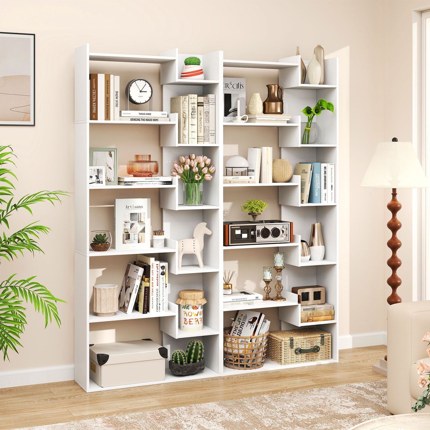 6-Tier Bookshelf Wooden Bookcase with 2 Anti-Tipping Kits Open Display Shelf