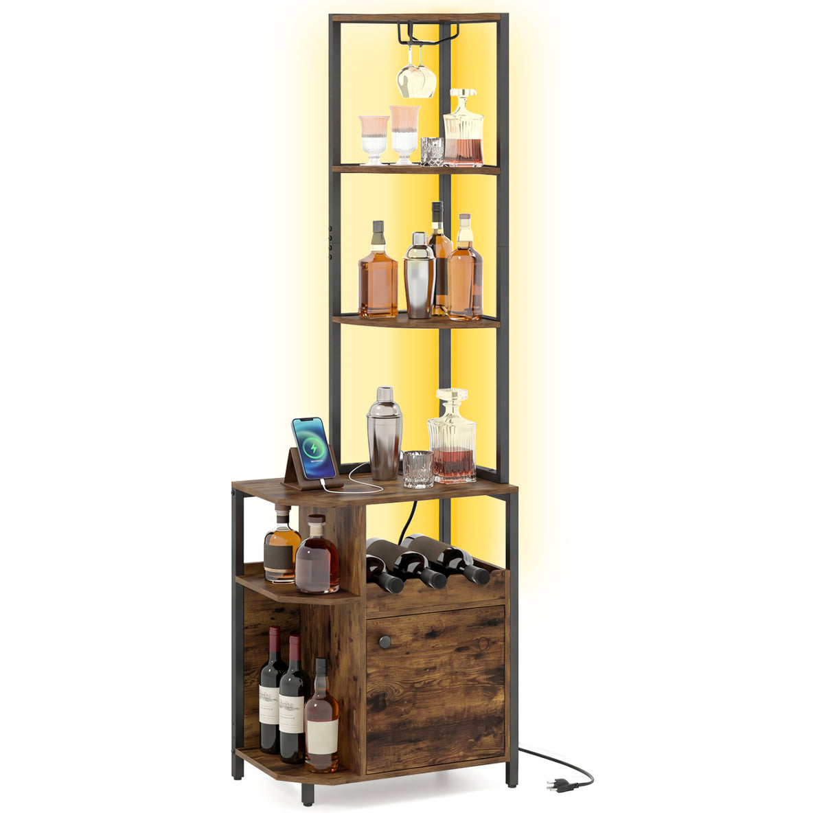 6-Tier Corner Bar Cabinet with LED Lights and Charging Station for Kitchen-Rustic Brown