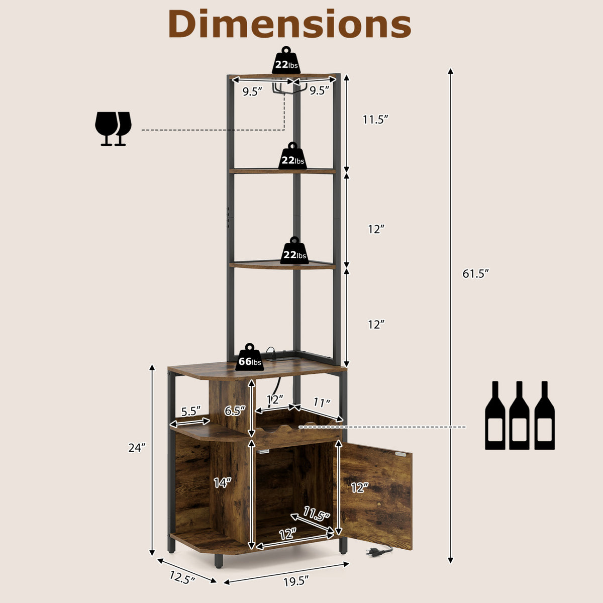 6-Tier Corner Bar Cabinet with LED Lights and Charging Station for Kitchen-Rustic Brown