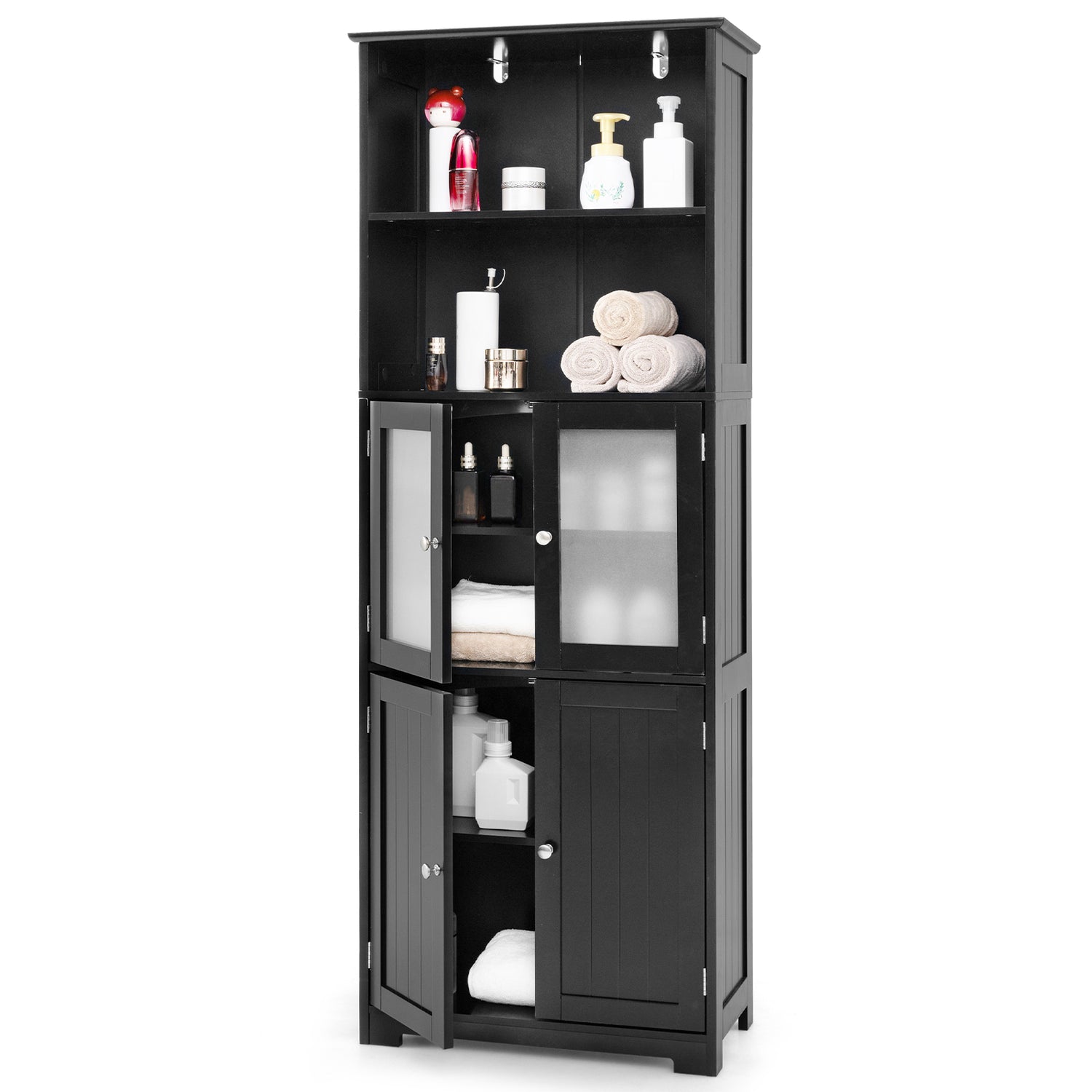 6-Tier Freestanding Bathroom Cabinet with 2 Open Compartments and Adjustable Shelves