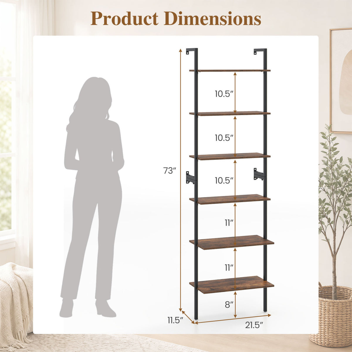 6-Tier Freestanding ladder Storage bookshelf with Metal Frame for Study and Pantry