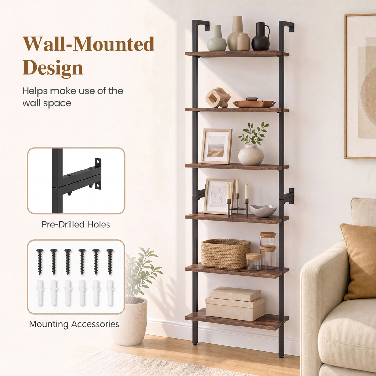 6-Tier Freestanding ladder Storage bookshelf with Metal Frame for Study and Pantry