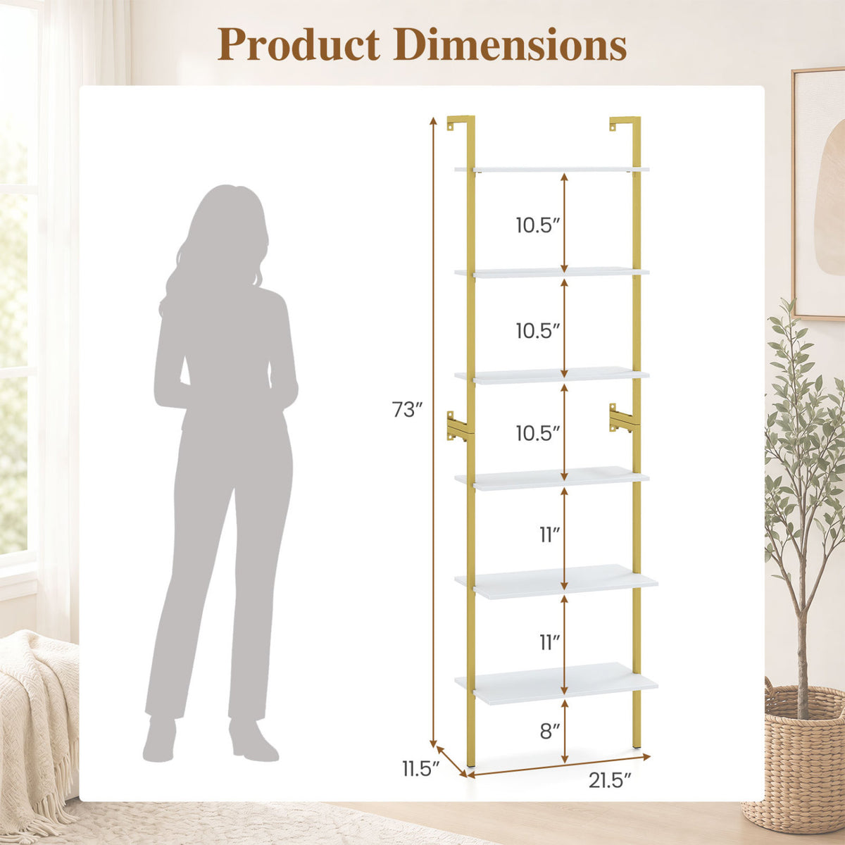 6-Tier Freestanding ladder Storage bookshelf with Metal Frame for Study and Pantry