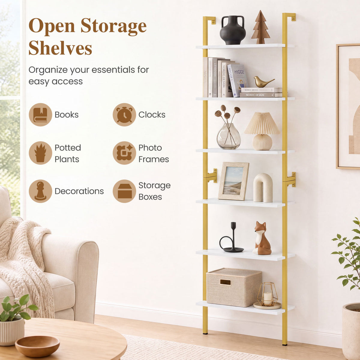 6-Tier Freestanding ladder Storage bookshelf with Metal Frame for Study and Pantry