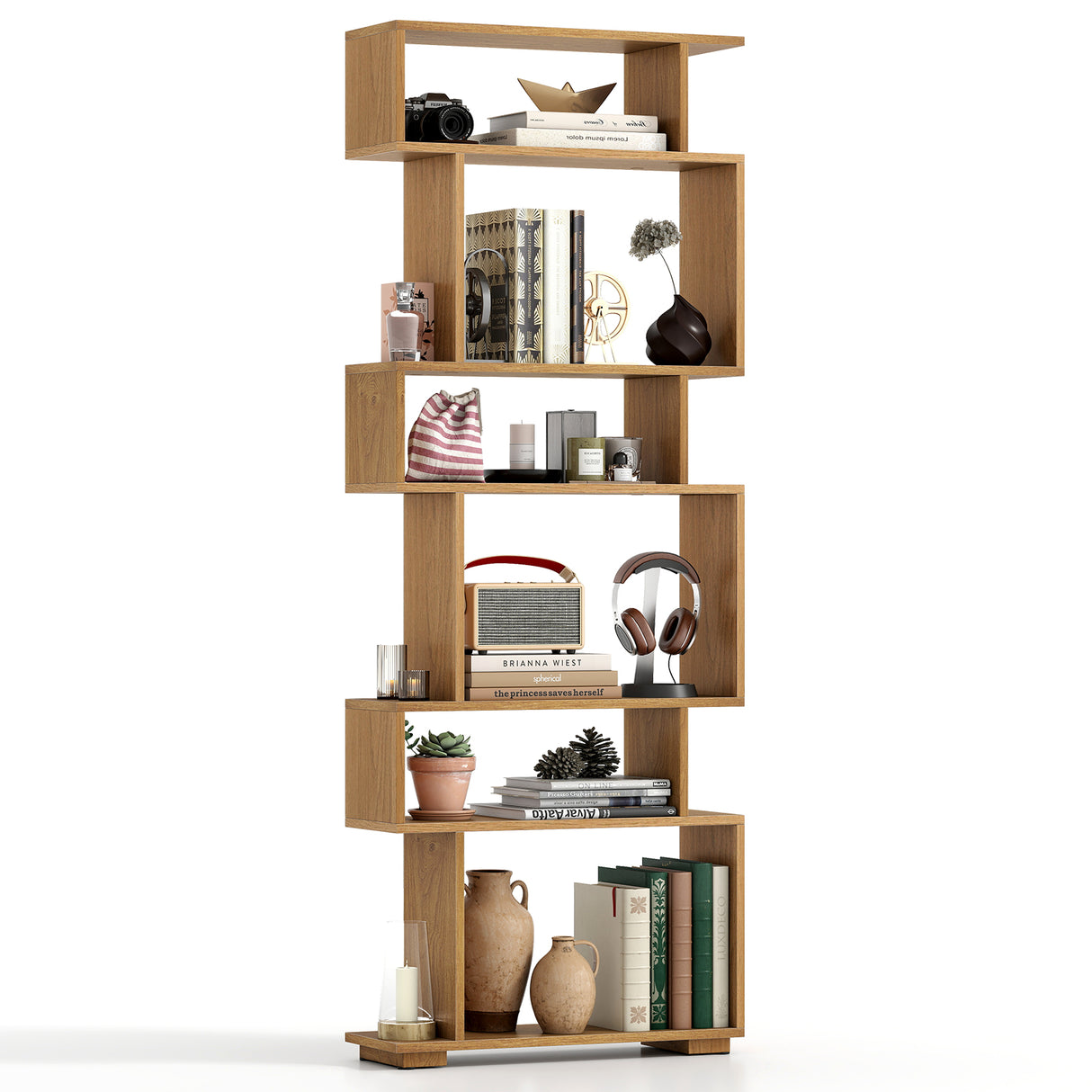 6-Tier Geometric Bookshelf with 2 Anti-Tipping Kits for Home Office