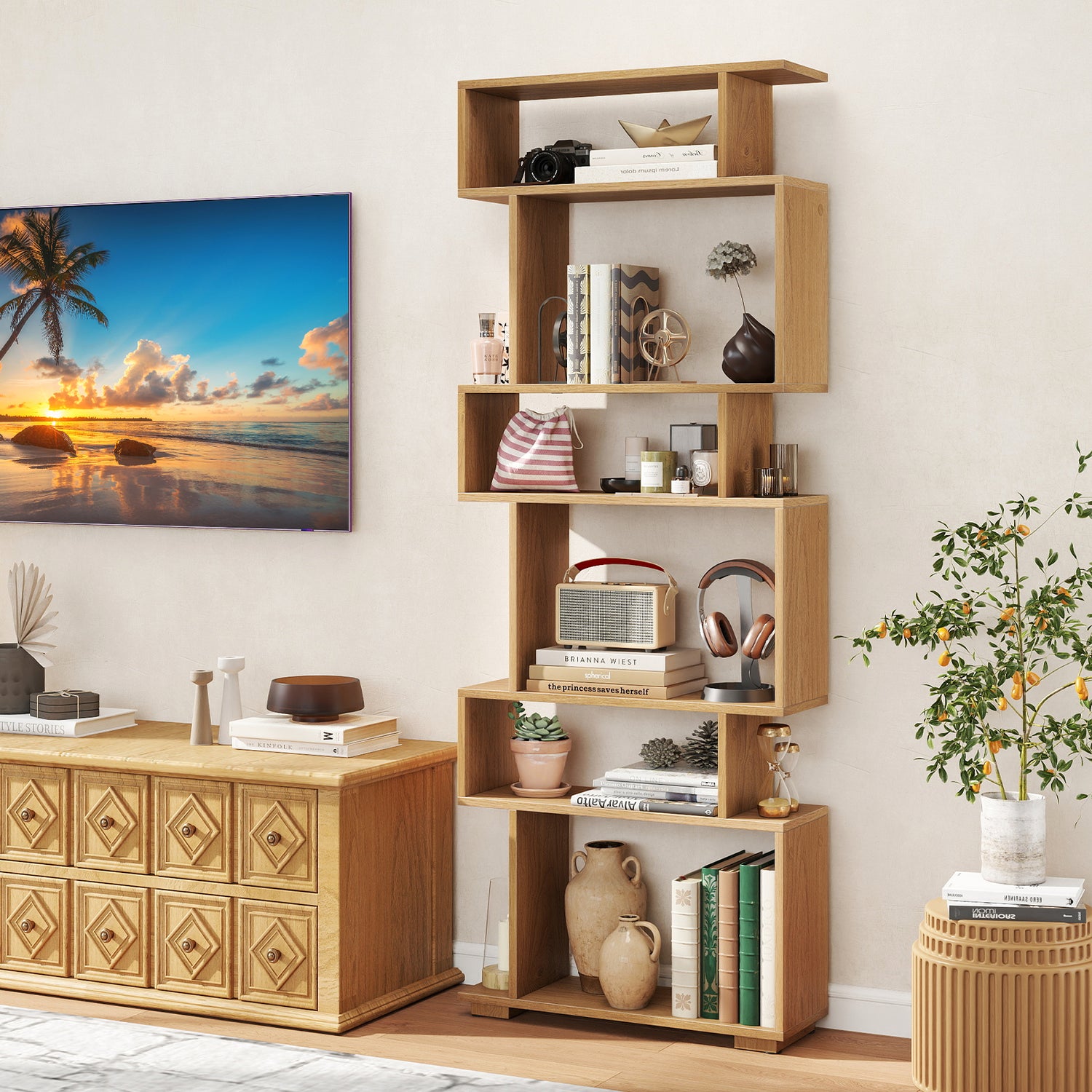 6-Tier Geometric Bookshelf with 2 Anti-Tipping Kits for Home Office