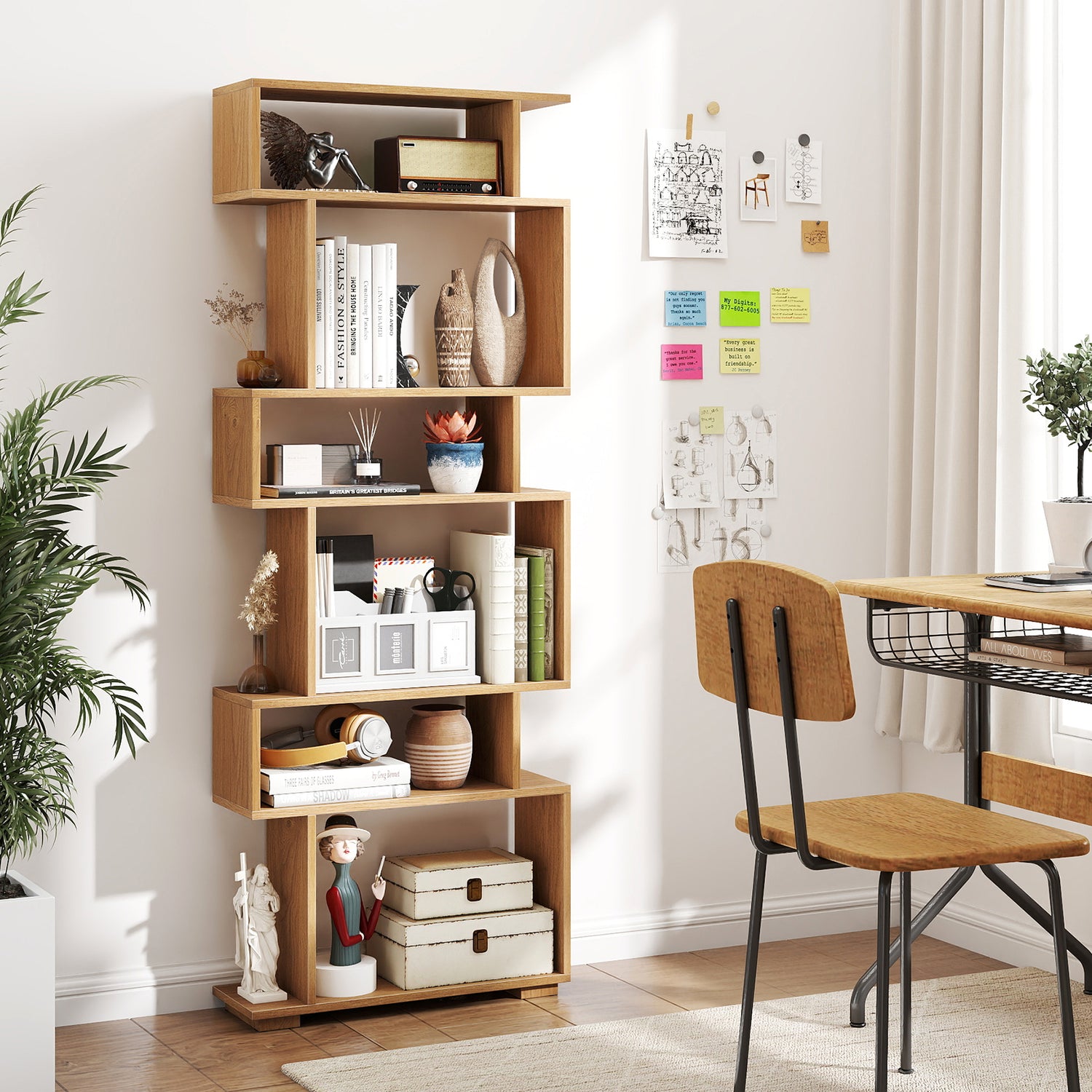 6-Tier Geometric Bookshelf with 2 Anti-Tipping Kits for Home Office
