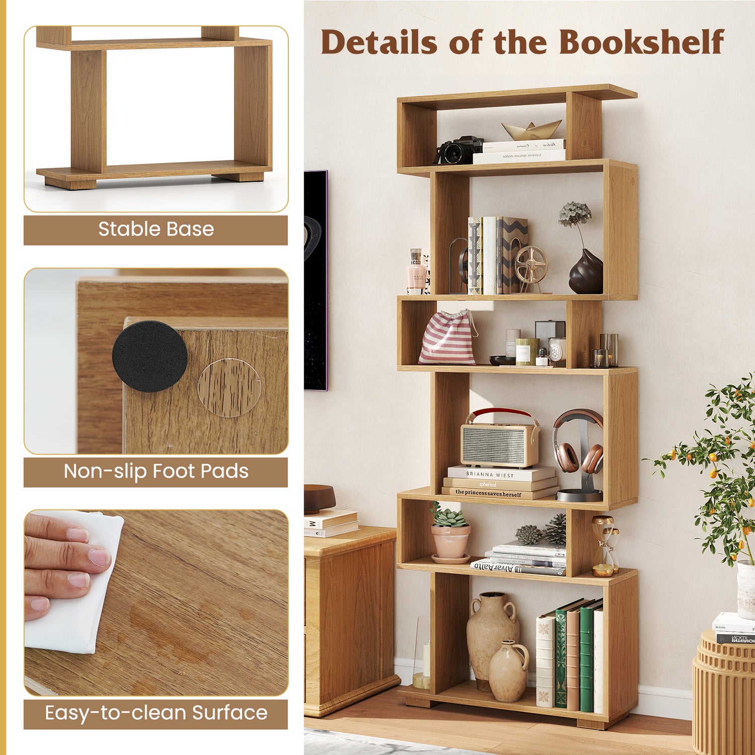 6-Tier Geometric Bookshelf with 2 Anti-Tipping Kits for Home Office