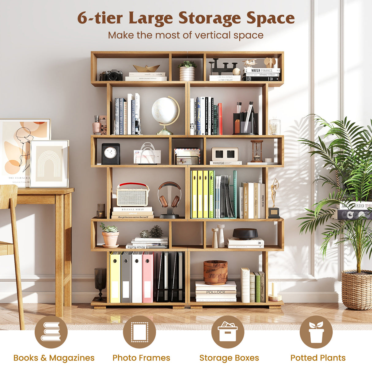 6-Tier Geometric Bookshelf with 2 Anti-Tipping Kits for Home Office