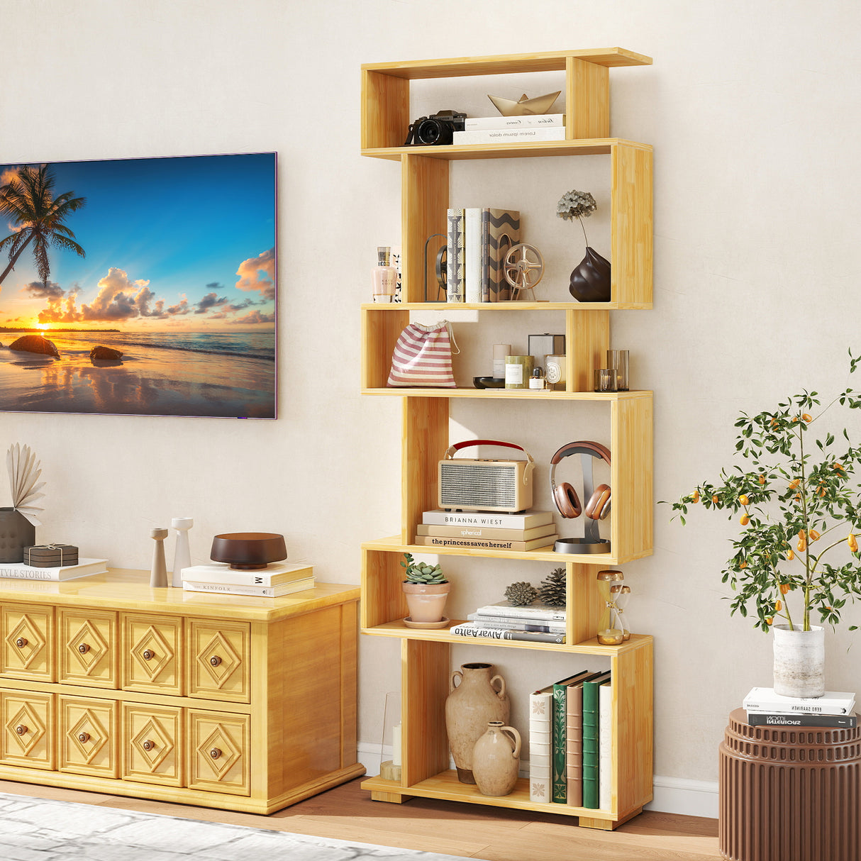6-Tier Geometric Bookshelf with 2 Anti-Tipping Kits for Home Office