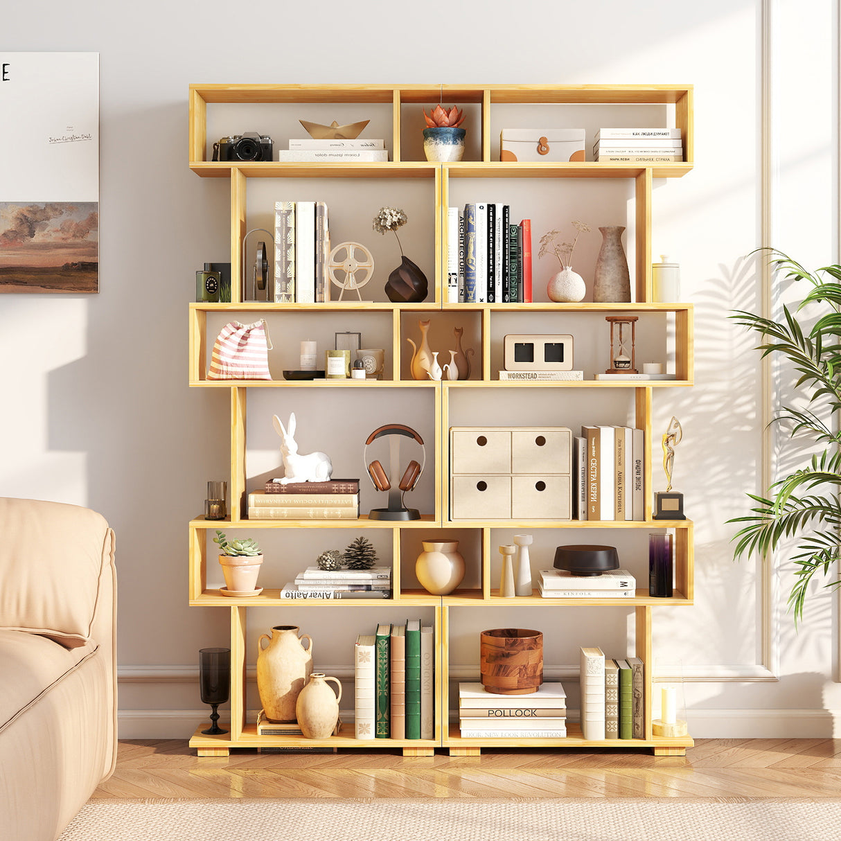 6-Tier Geometric Bookshelf with 2 Anti-Tipping Kits for Home Office