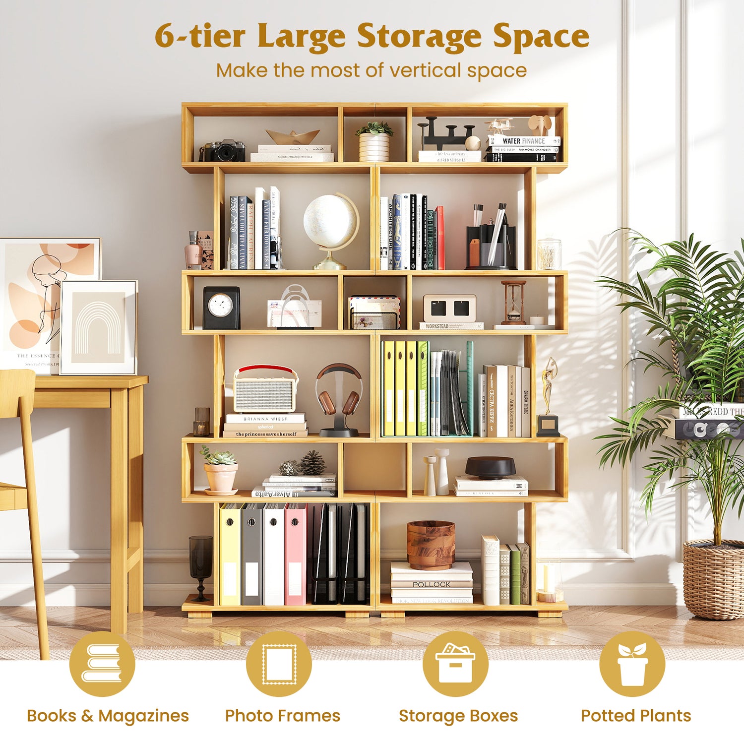 6-Tier Geometric Bookshelf with 2 Anti-Tipping Kits for Home Office