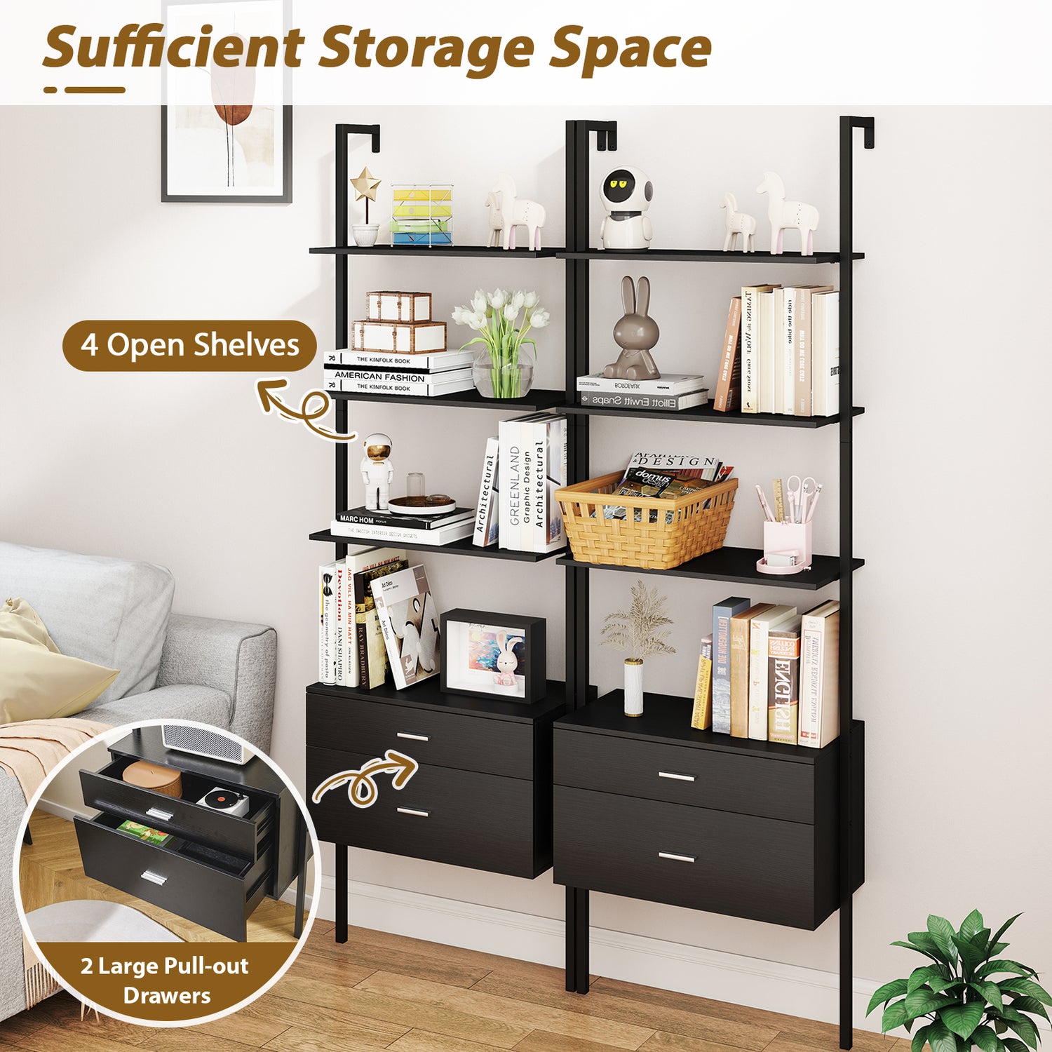 6-Tier Ladder Bookcase with 2 Drawers and Metal Frame-Black
