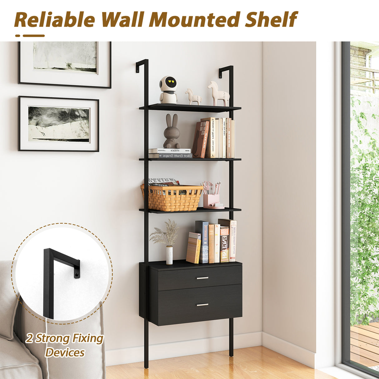 6-Tier Ladder Bookcase with 2 Drawers and Metal Frame-Black