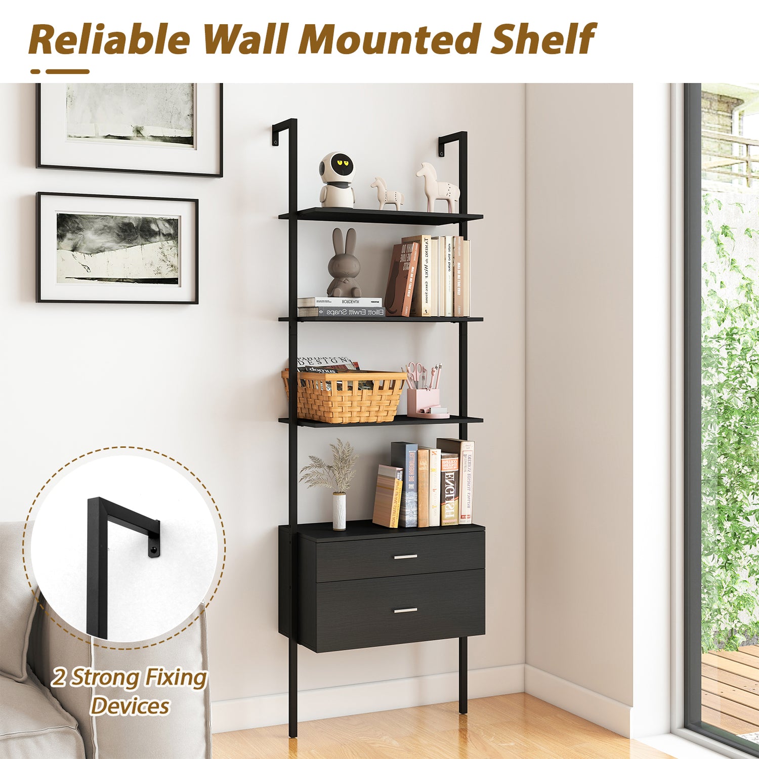 6-Tier Ladder Bookcase with 2 Drawers and Metal Frame-Black
