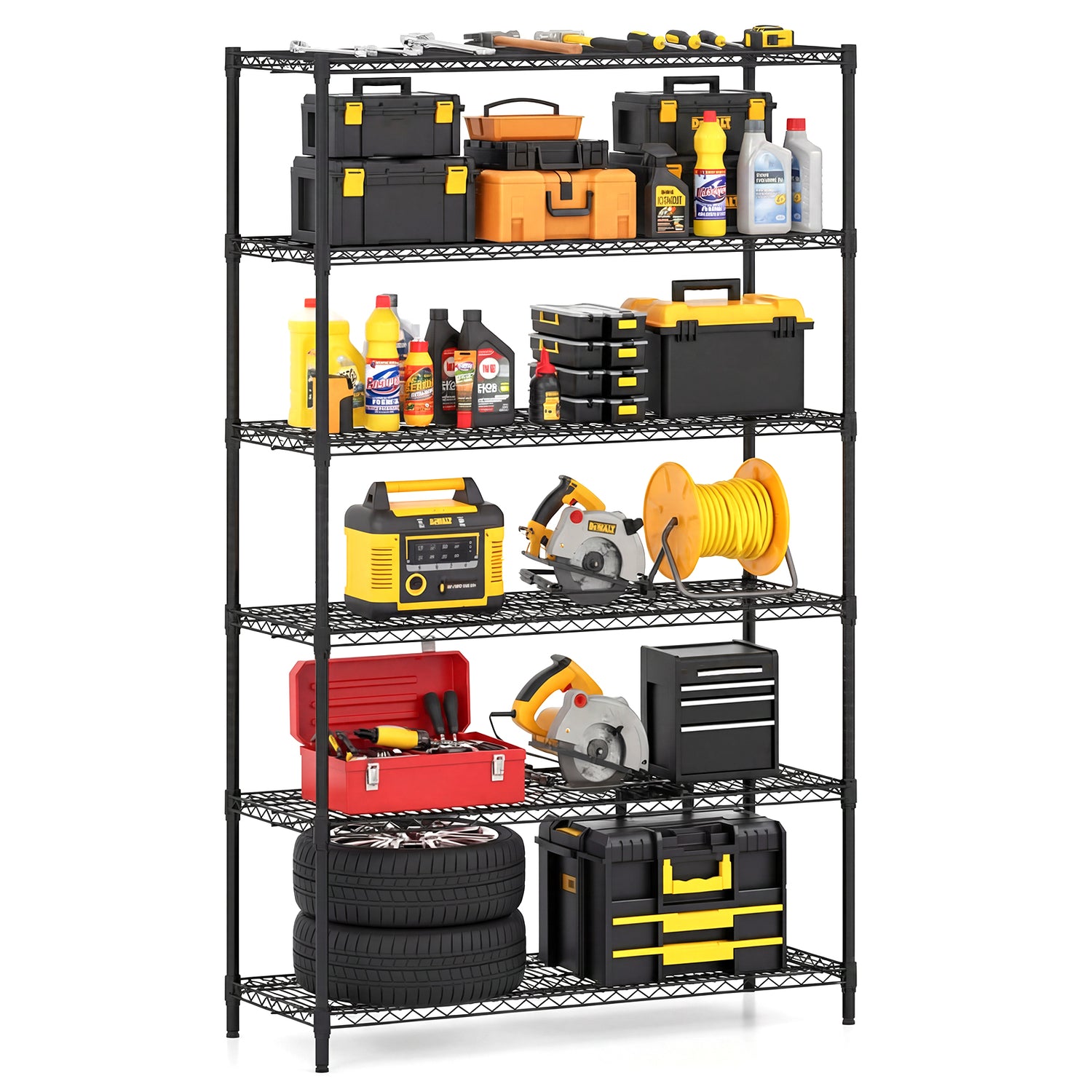 6-Tier Metal Storage Shelving Unit with V-Shaped Wire Rack for Home Garage-Black