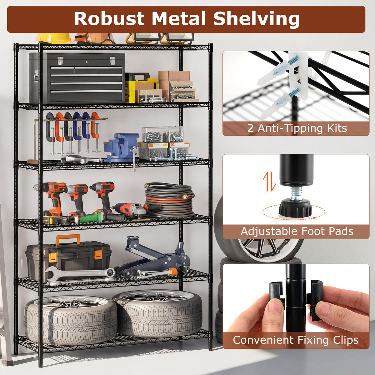 6-Tier Metal Storage Shelving Unit with V-Shaped Wire Rack for Home Garage-Black