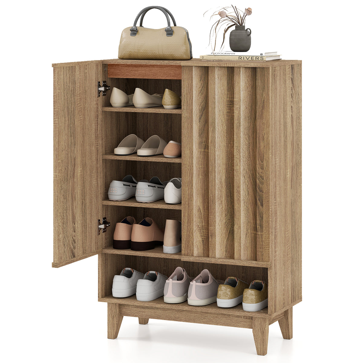 6-Tier Shoe Storage Organizer with 2 Fluted Doors-Oak