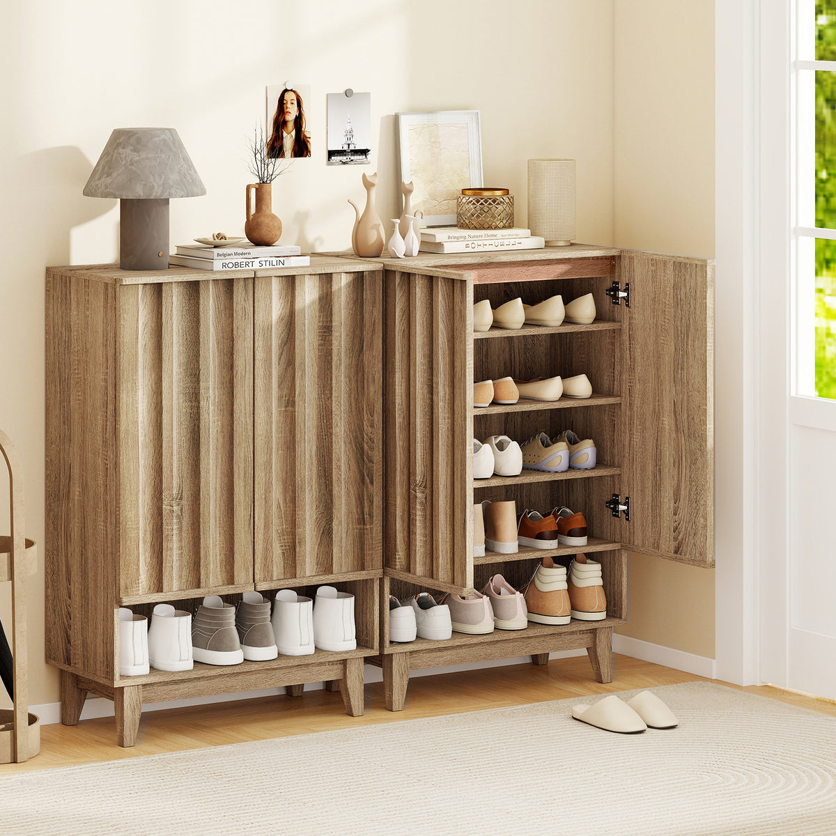 6-Tier Shoe Storage Organizer with 2 Fluted Doors-Oak