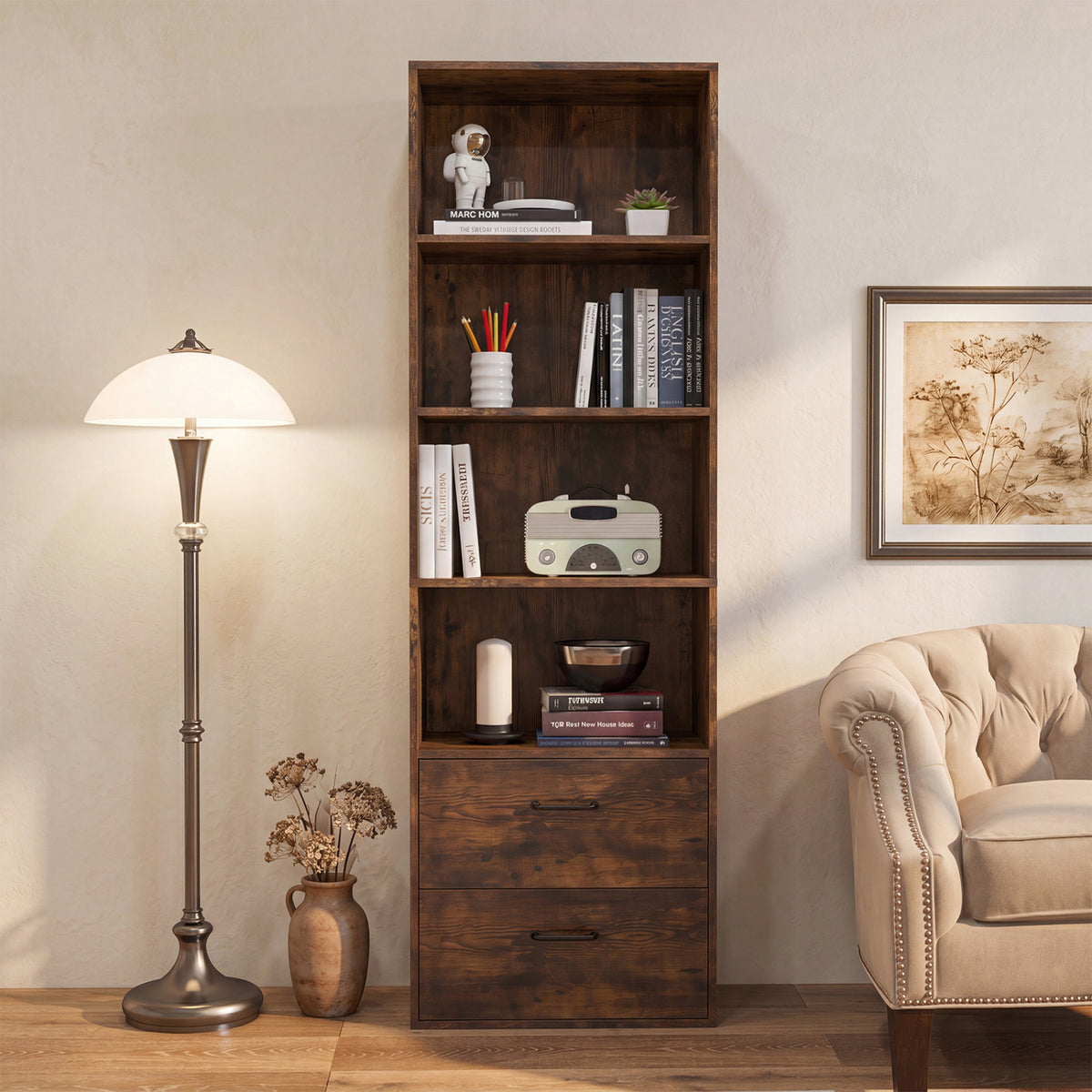 6-Tier Tall Freestanding Bookshelf with 4 Open Shelves and 2 Drawers