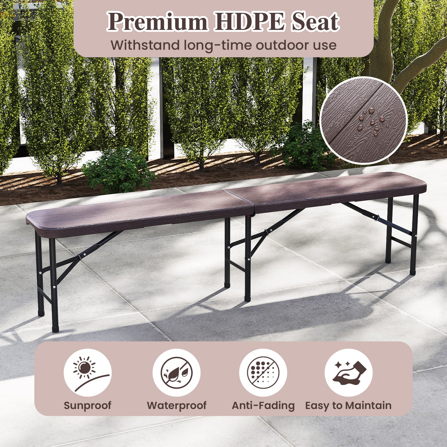 6 Feet Folding HDPE Bench with 1320 LBS Capacity and Handle Lock