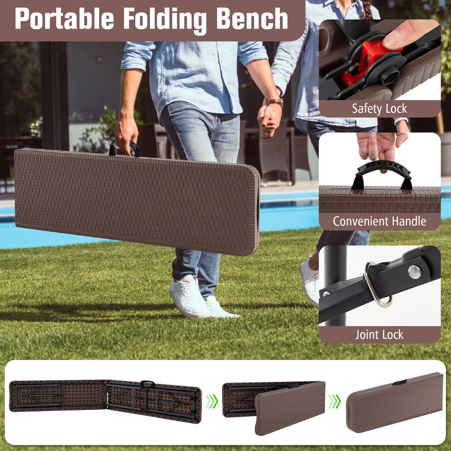6 ft Plastic Folding Bench with 1320 LBS Capacity and Handle-Brown