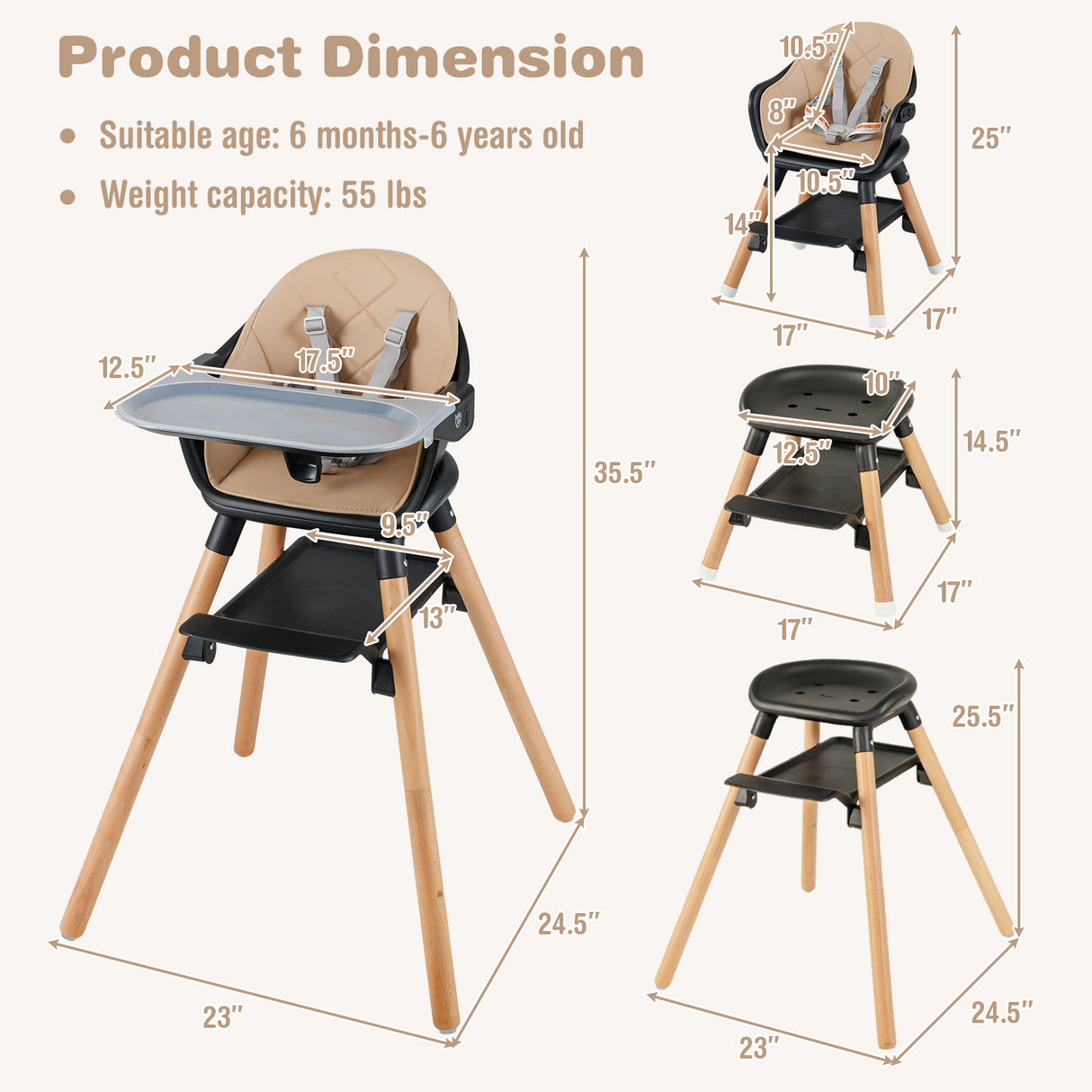 6-in-1 Baby High Chair with Removable Dishwasher and Safe Tray
