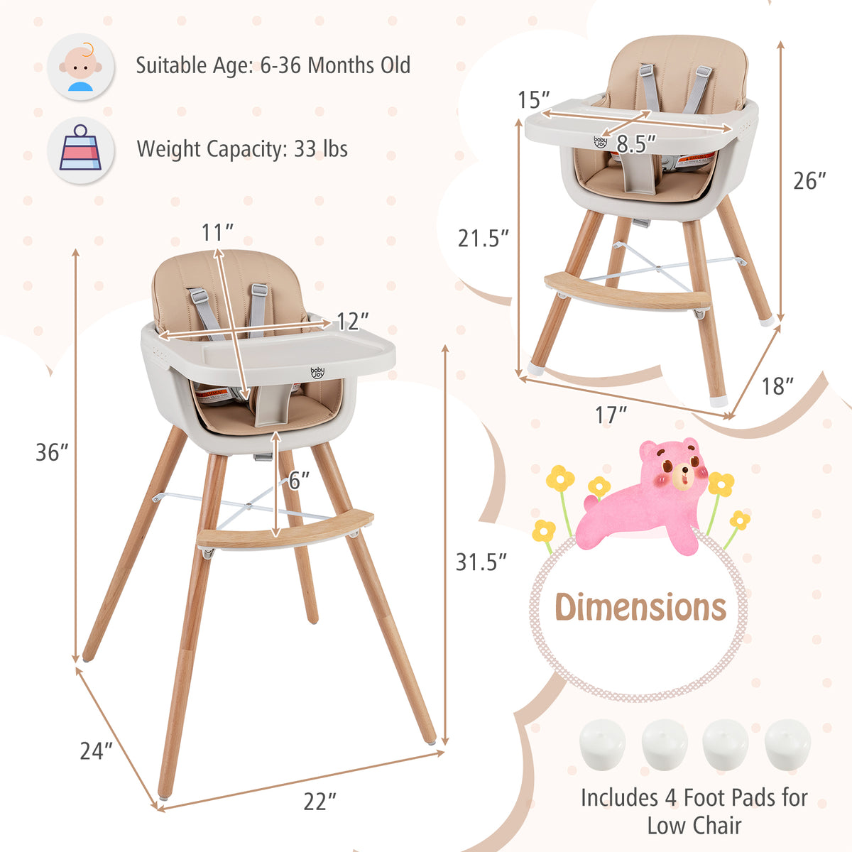 6-in-1 Convertible Wooden Highchair with Safety Harness and Adjustable Legs-Light Brown