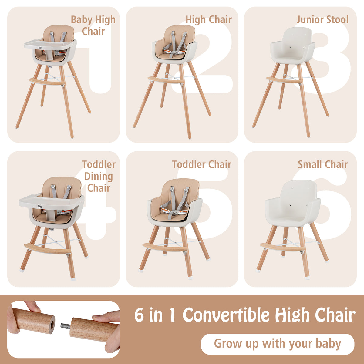 6-in-1 Convertible Wooden Highchair with Safety Harness and Adjustable Legs-Light Brown