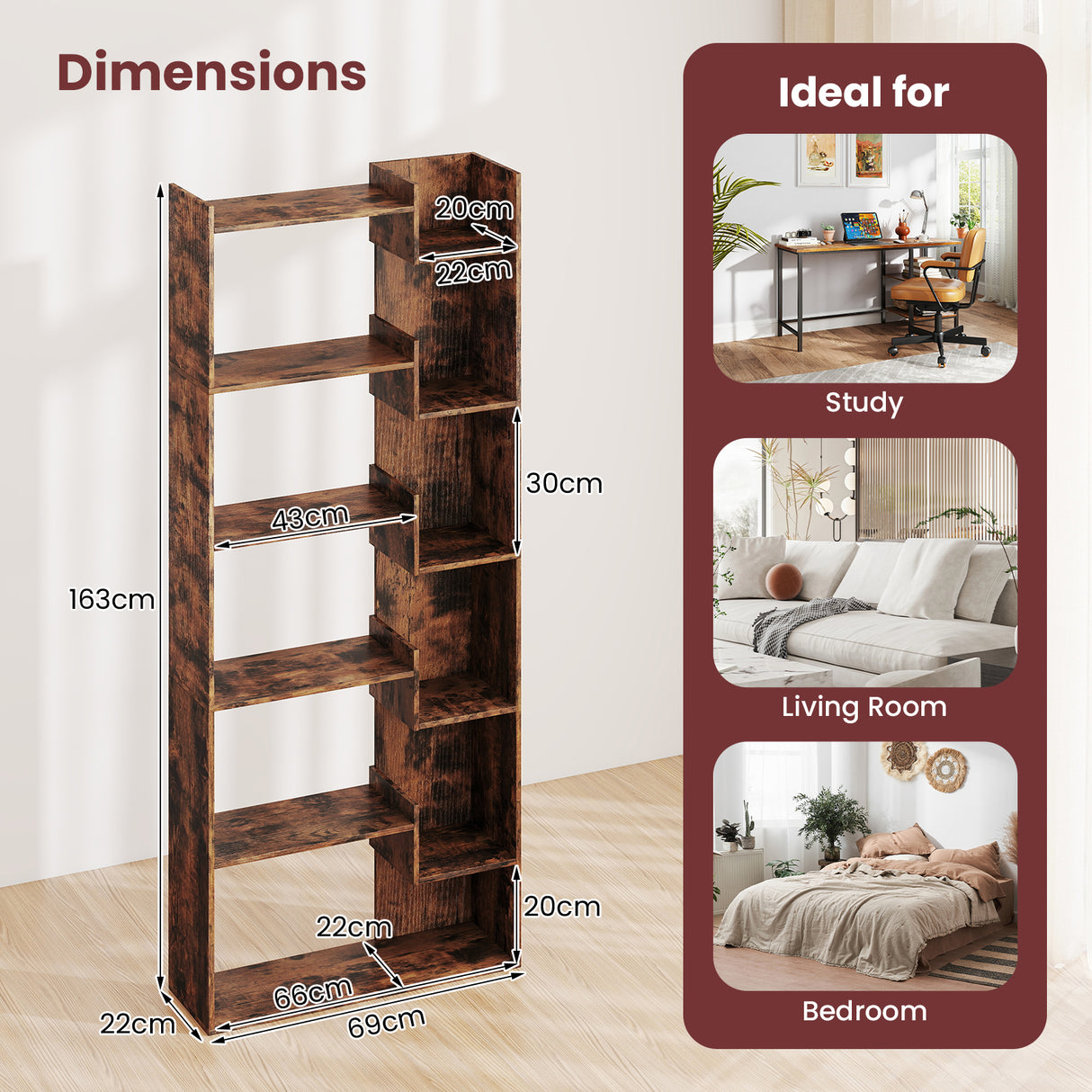 6-Tier Bookshelf Wooden Bookcase with 2 Anti-Tipping Kits Open Display Shelf