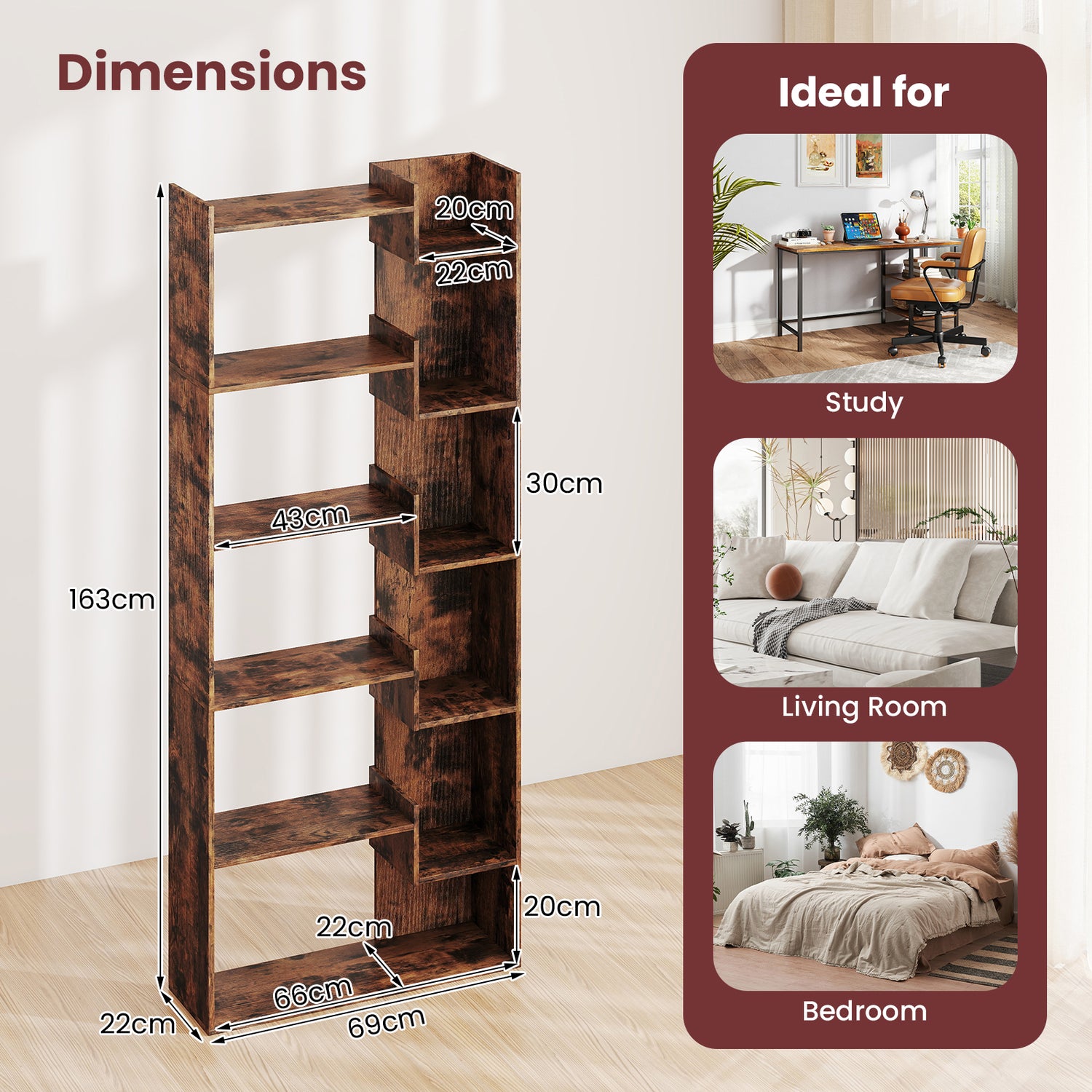 6-Tier Bookshelf Wooden Bookcase with 2 Anti-Tipping Kits Open Display Shelf