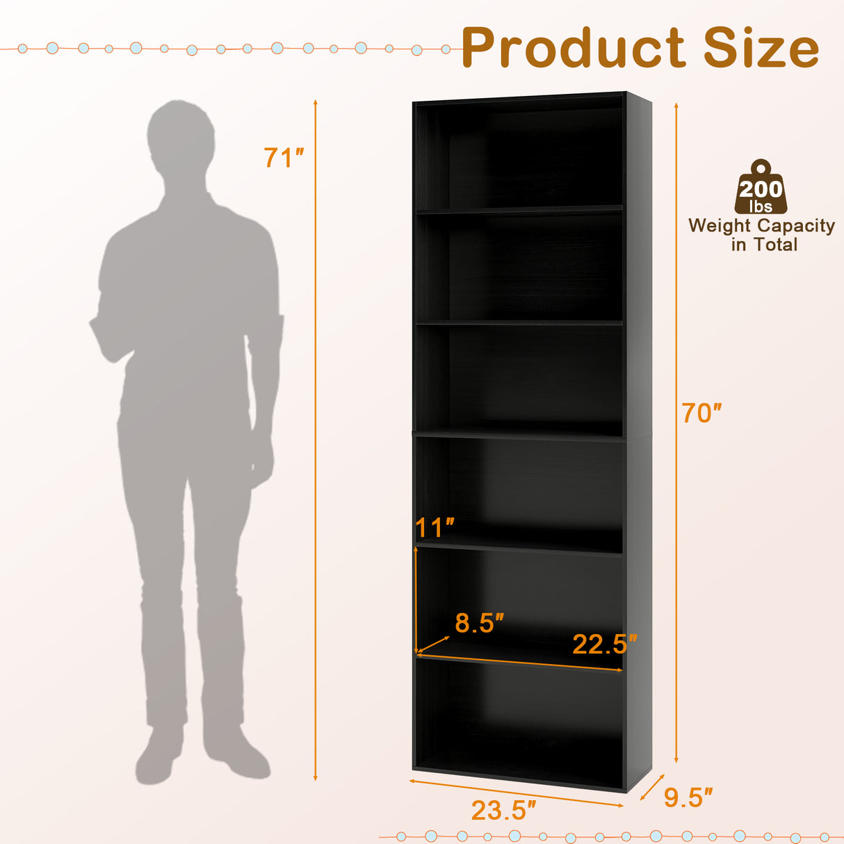 6-Tier Bookcase with 6 Open Shelves and Anti-Toppling Kits