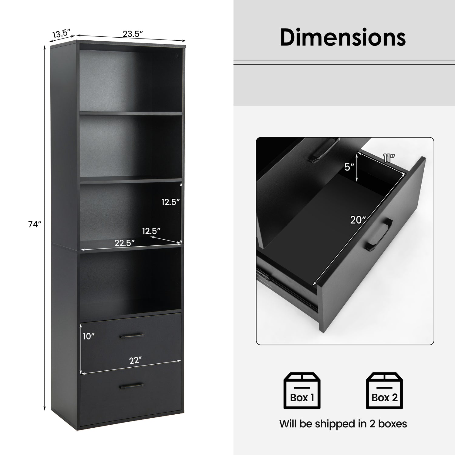 6-Tier Tall Freestanding Bookshelf with 4 Open Shelves and 2 Drawers