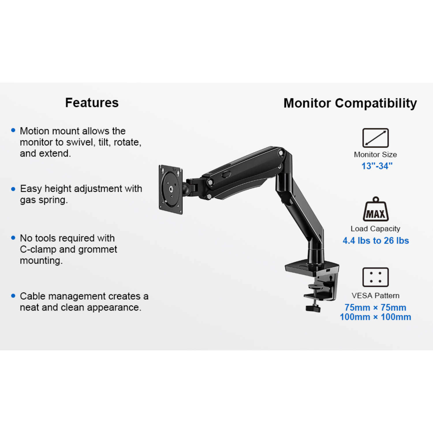 ErgoAV Gas Spring Desk Mount for Single Monitors 13" to 34" and up to 26lbs