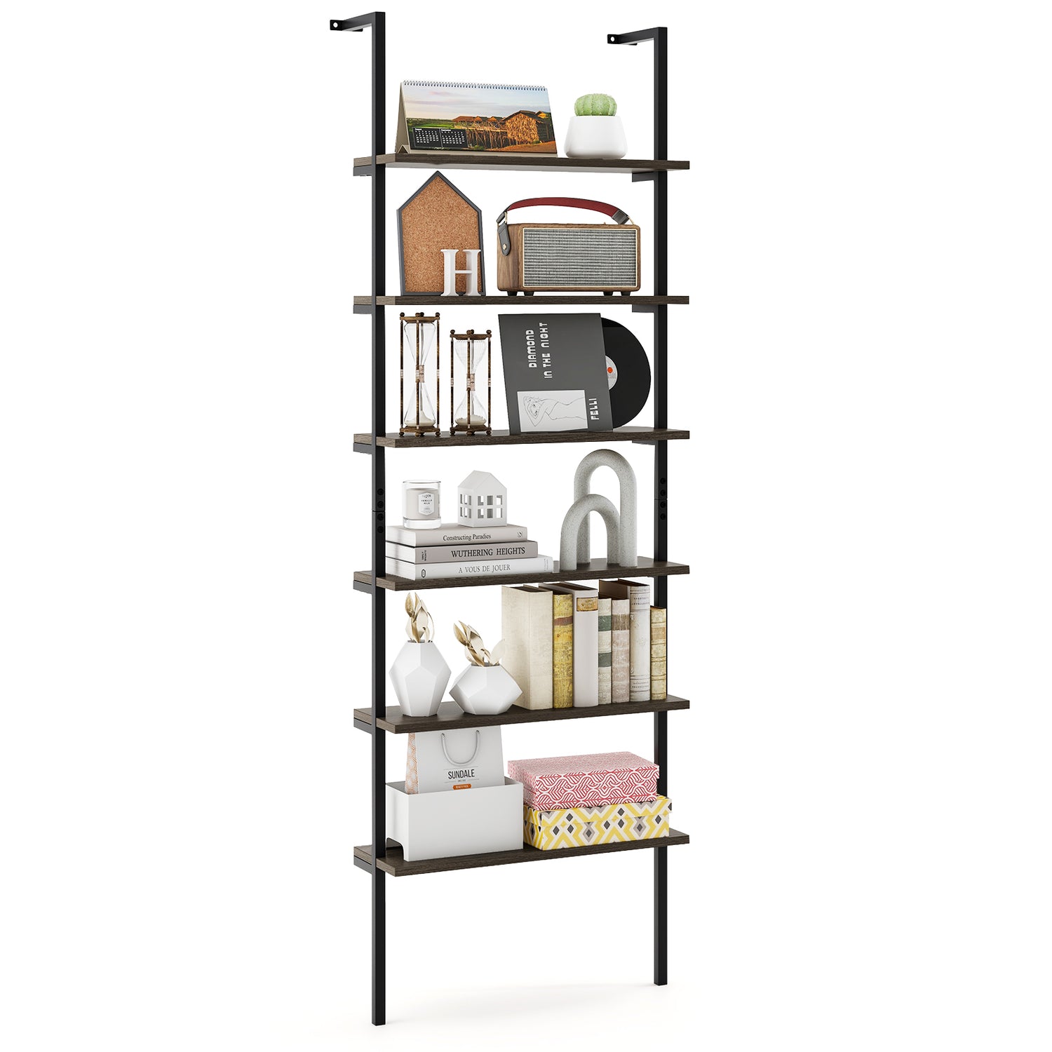 6-tier Ladder Shelf 72 Inches Industrial Wall Mounted Bookshelf