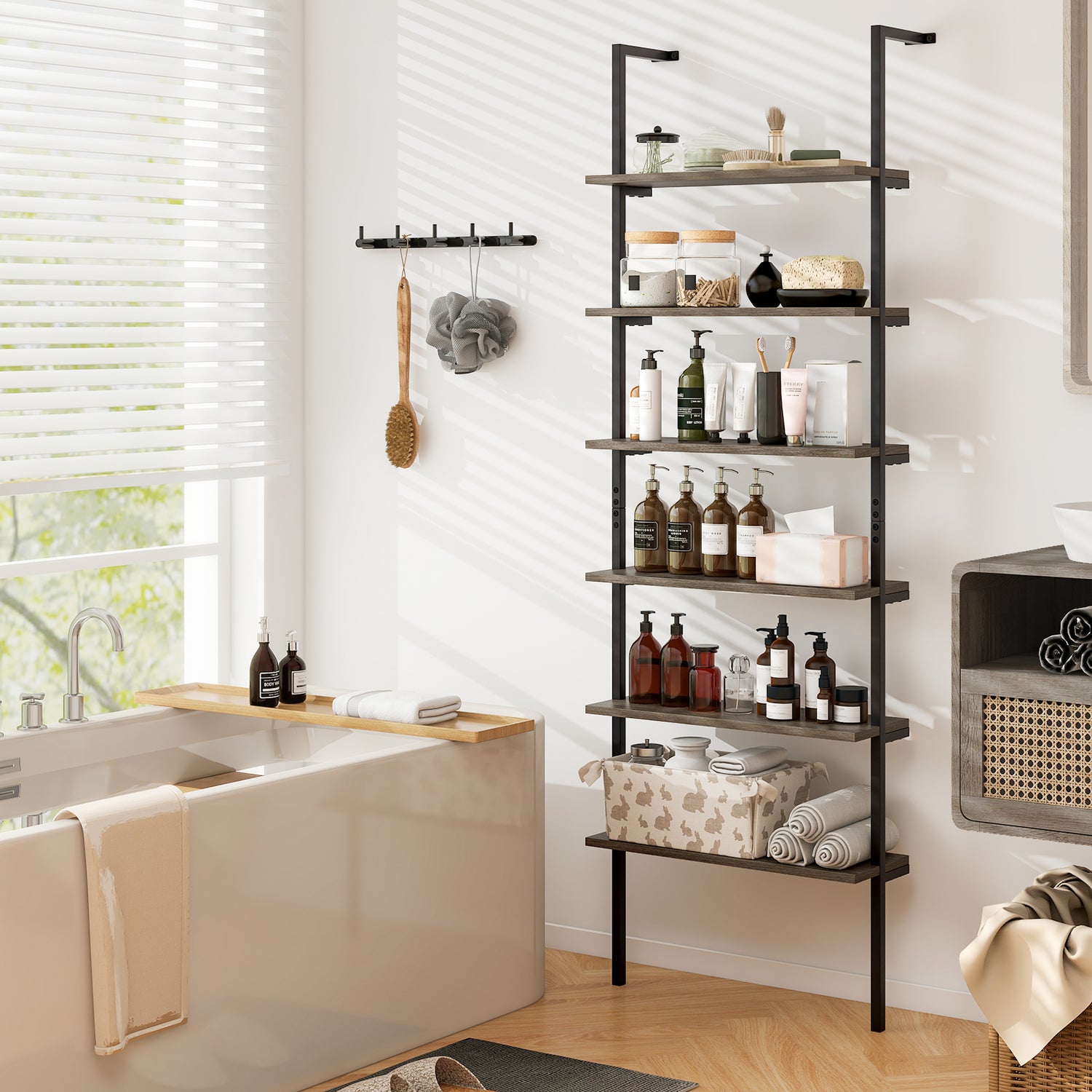 6-tier Ladder Shelf 72 Inches Industrial Wall Mounted Bookshelf
