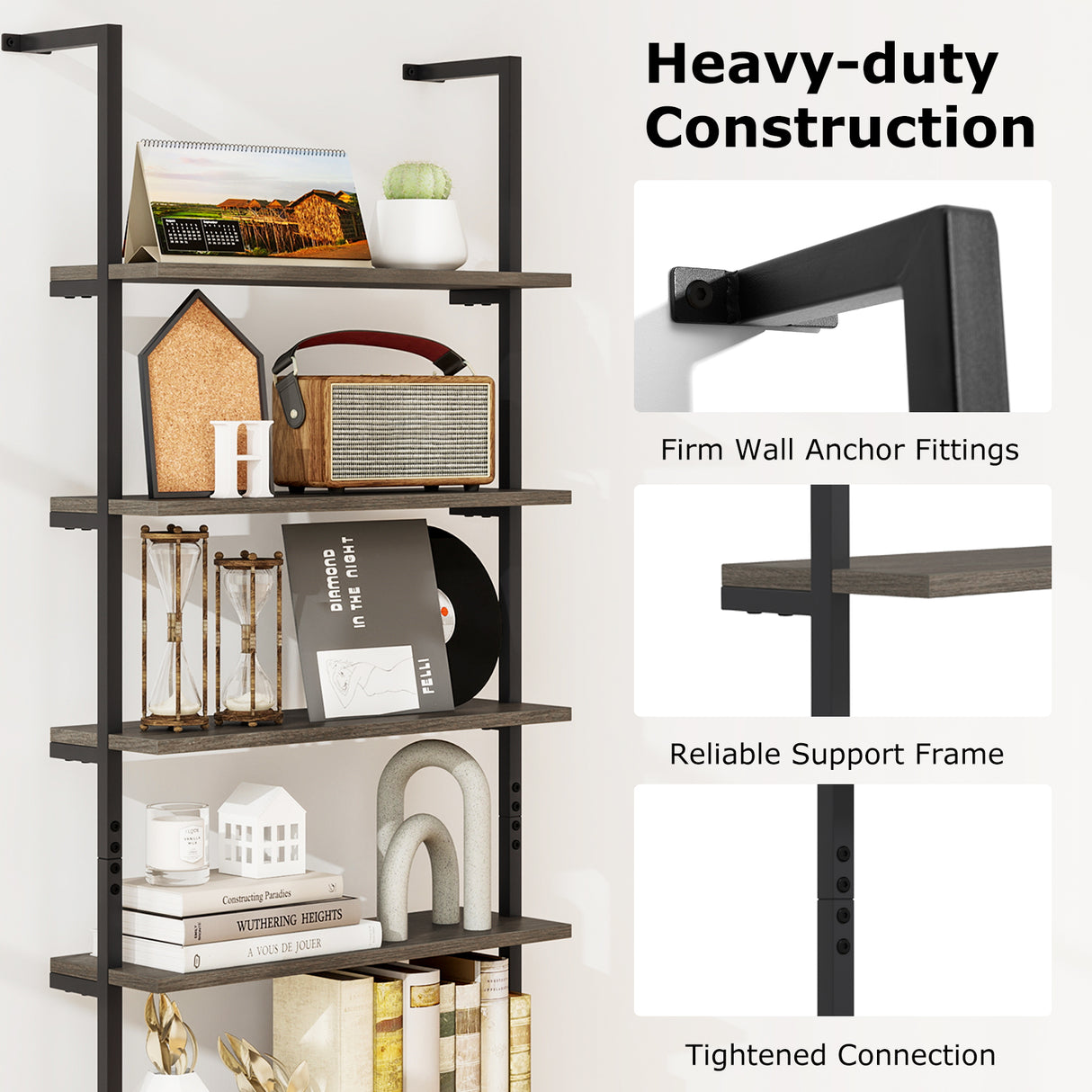 6-tier Ladder Shelf 72 Inches Industrial Wall Mounted Bookshelf