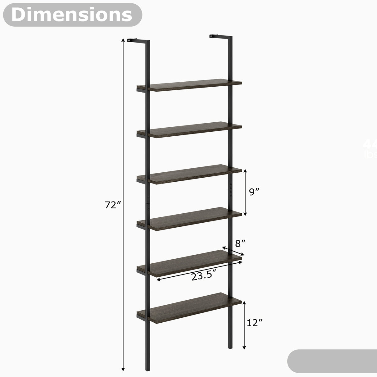 6-tier Ladder Shelf 72 Inches Industrial Wall Mounted Bookshelf