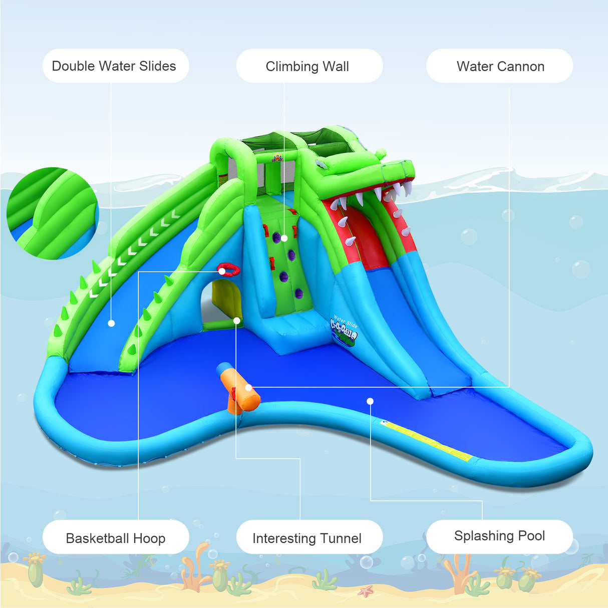 Inflatable Crocodile Style Water Slide Upgraded Kids Bounce Castle with 680W Blower