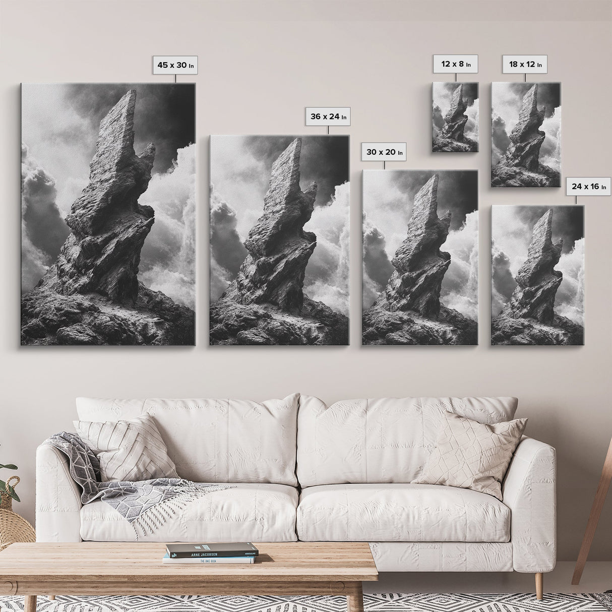 Abstract Rock Tower, Nature Photography, Stormy Sky, Canvas Print, Rustic Decor, Earthy Wall Art, Living Room Art, Moody Landscape Print