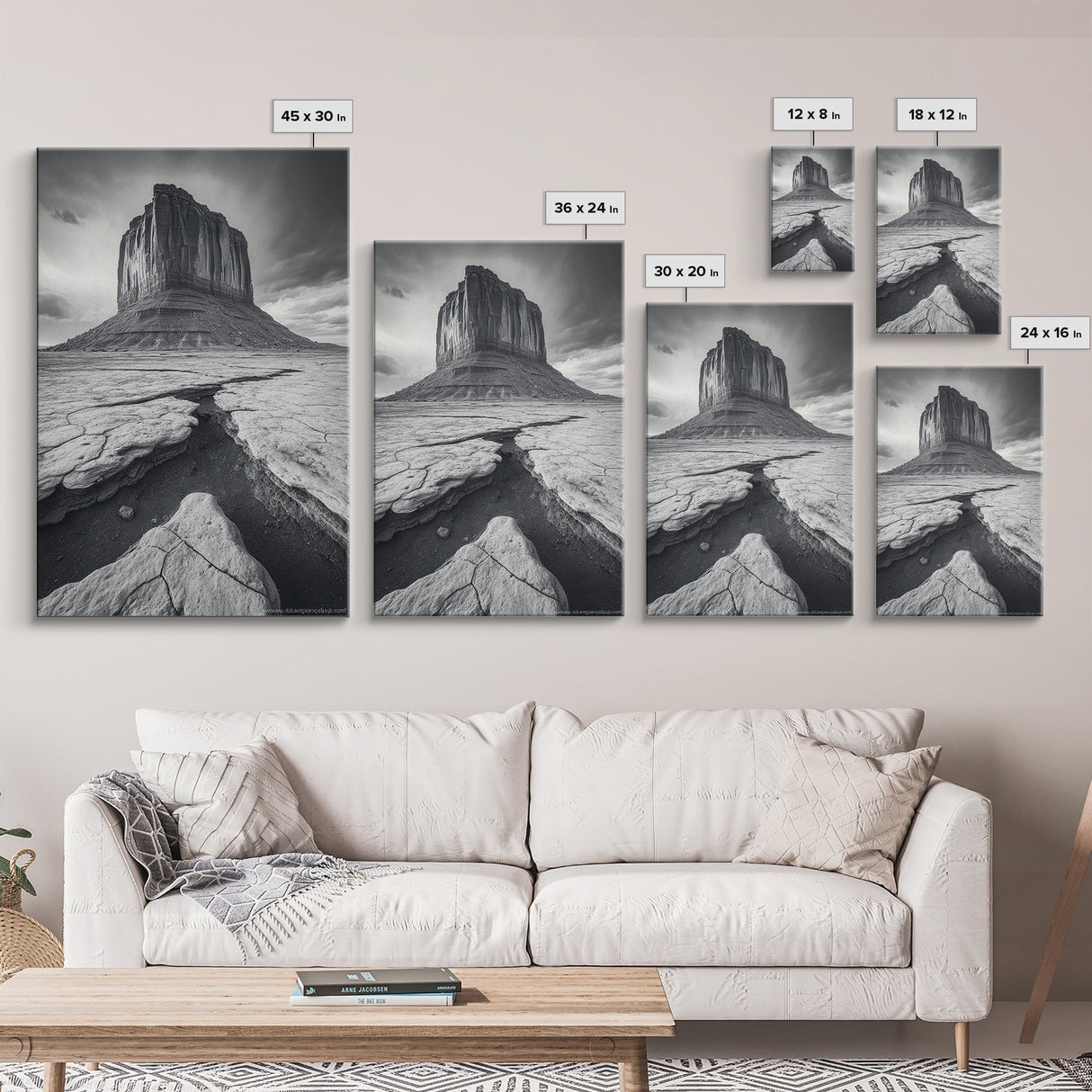 Monument Valley Cliff, Desert Rockscape, Framed Canvas Print, Western Wall Art, Office Decor, Black and White Photography