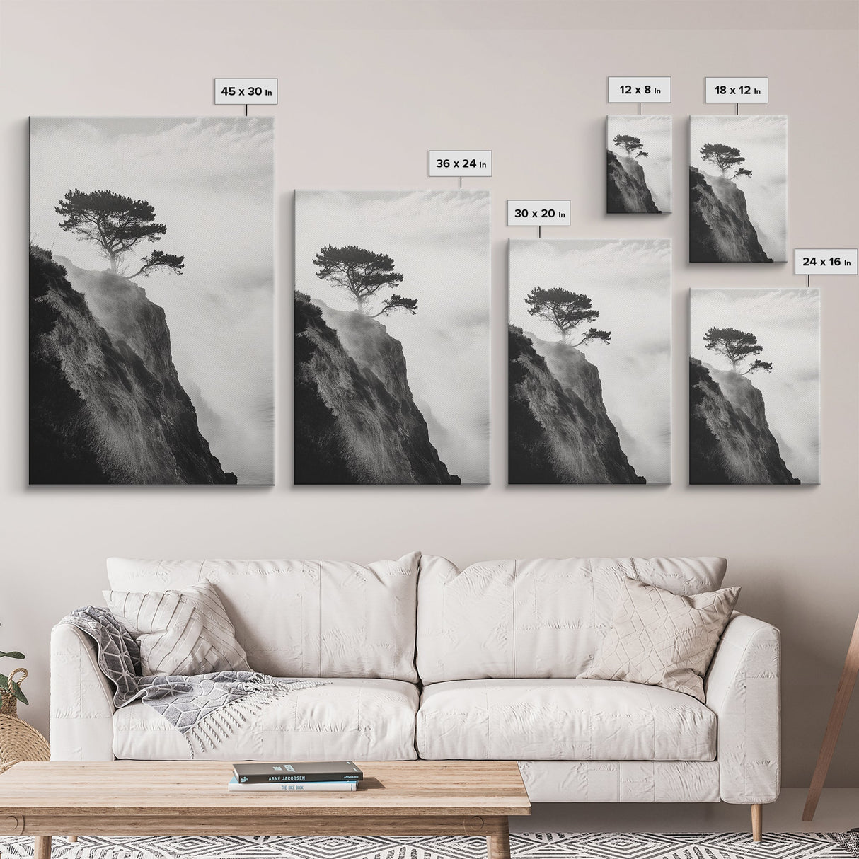 Lone Cliff Tree, Foggy Landscape, Nature Wall Decor, Framed Canvas Print, Minimalist Tree Art, Tranquil Living Room Wall Art