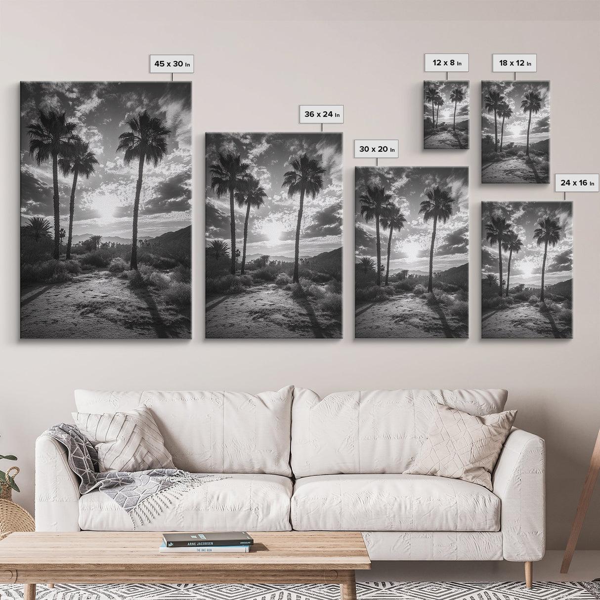 Palm Sunset, Desert Light, Silhouetted Trees, Framed Canvas Print, Tropical Boho Wall Art, Sunset Living Room Decor, Moody Nature Style